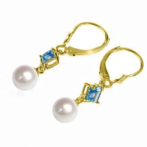 5 Carat 14K Solid Yellow Gold Resolution Blue Topaz Pearl Earrings