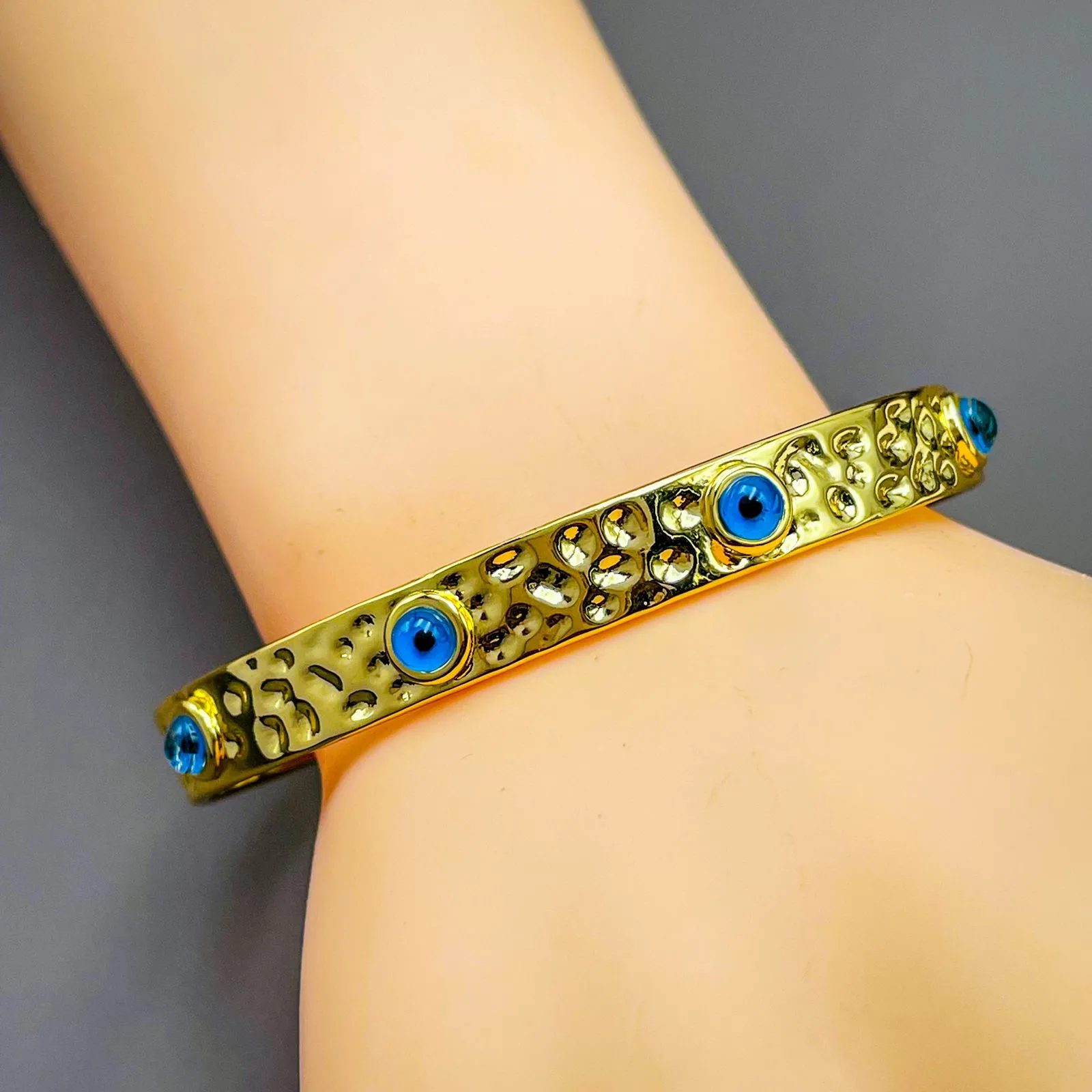 5 Evil Eye 18K Beaten Gold Anti Tarnish Cuff Kada Bangle for Women