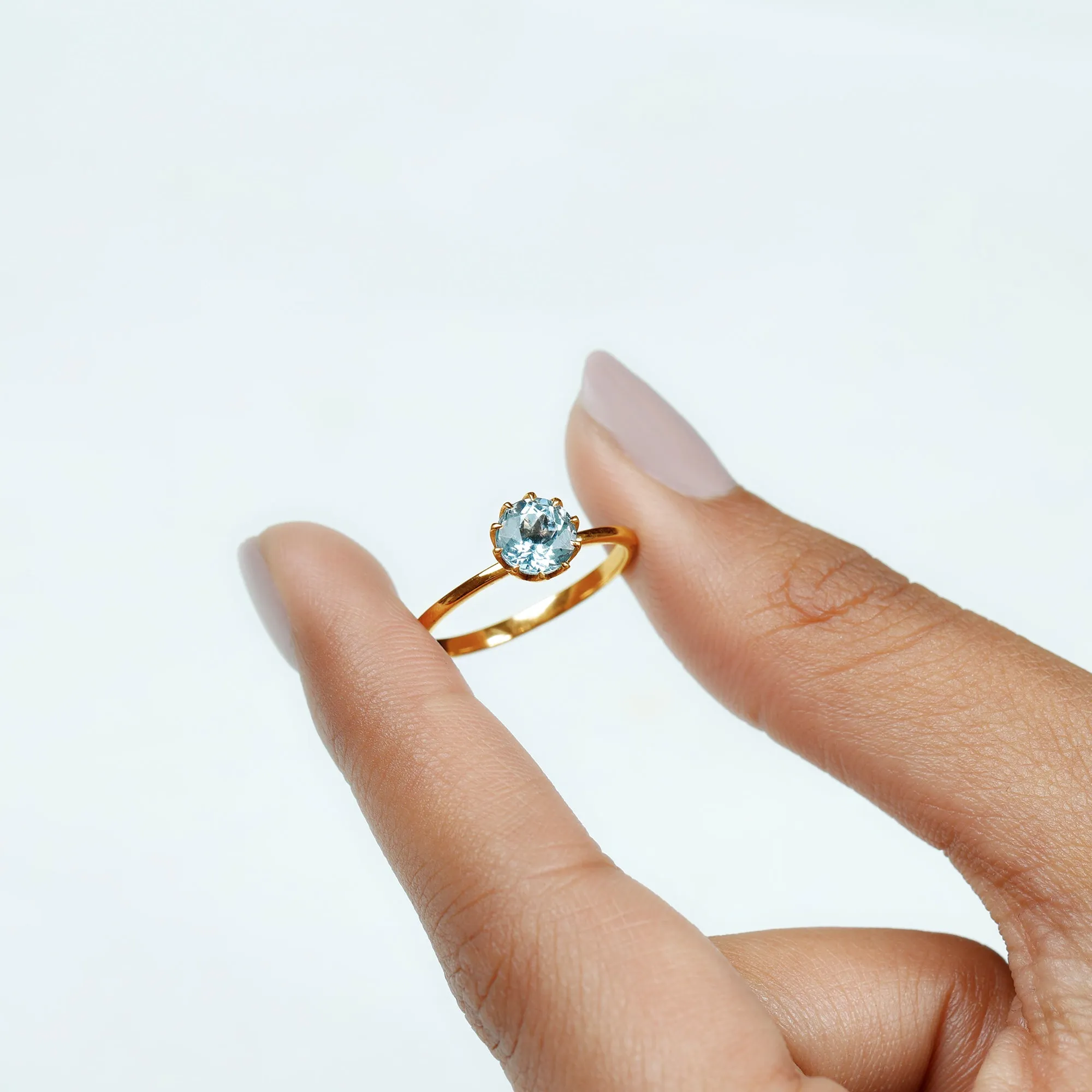 6 MM Round Cut Aquamarine Solitaire Ring in Gold