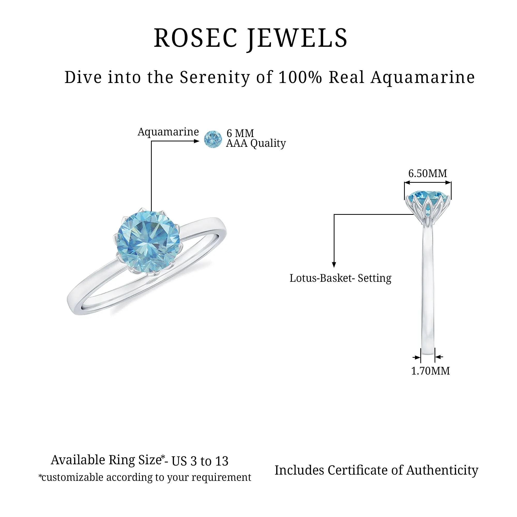 6 MM Round Cut Aquamarine Solitaire Ring in Gold