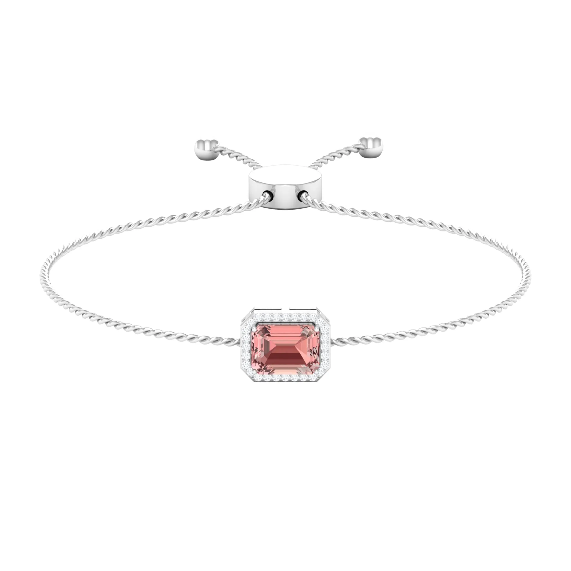6X8 MM Emerald Cut Morganite Bolo Chain Bracelet with Diamond Accent