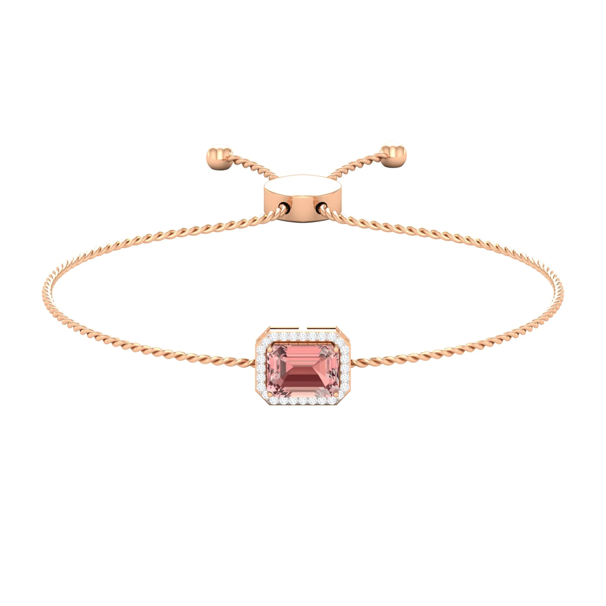 6X8 MM Emerald Cut Morganite Bolo Chain Bracelet with Diamond Accent