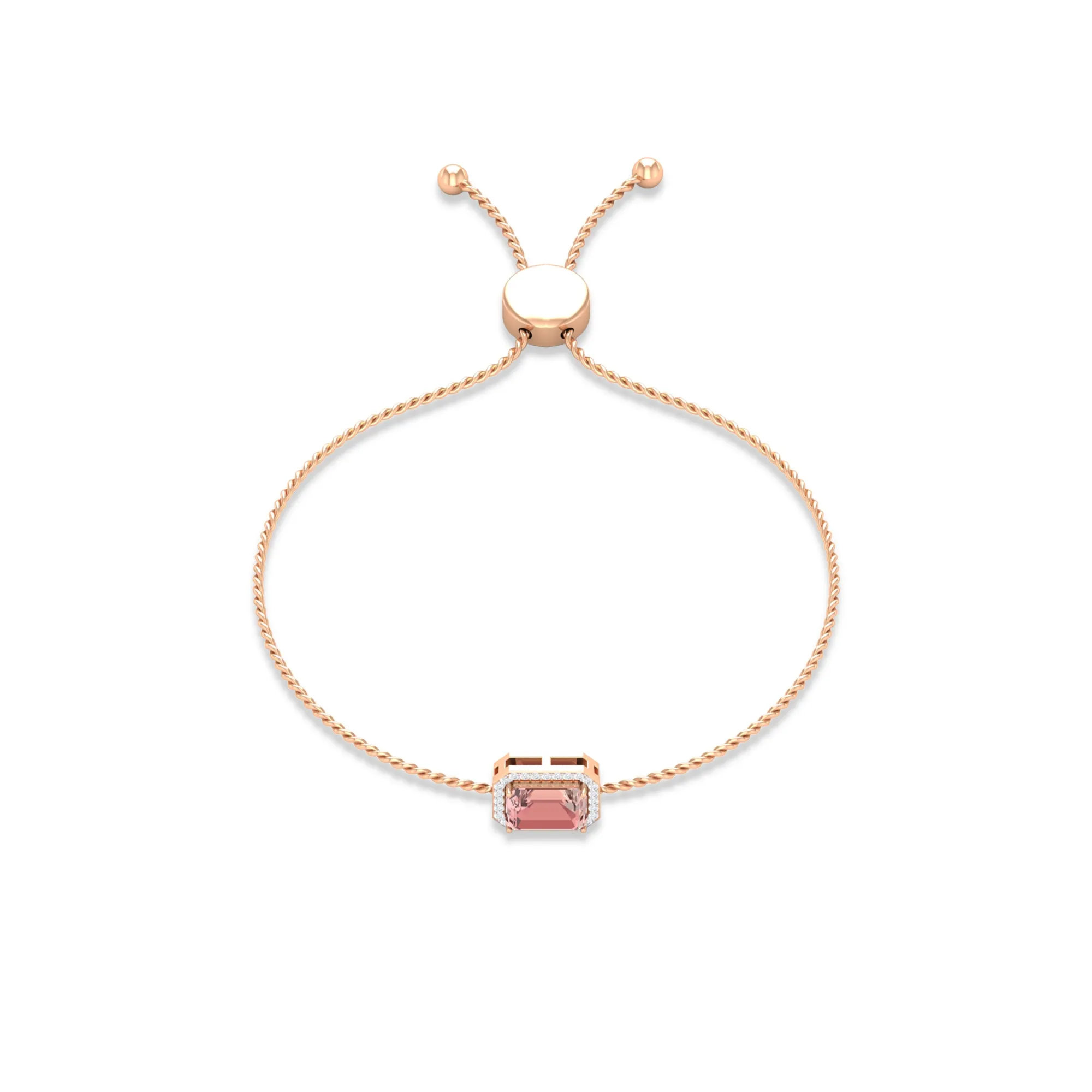 6X8 MM Emerald Cut Morganite Bolo Chain Bracelet with Diamond Accent