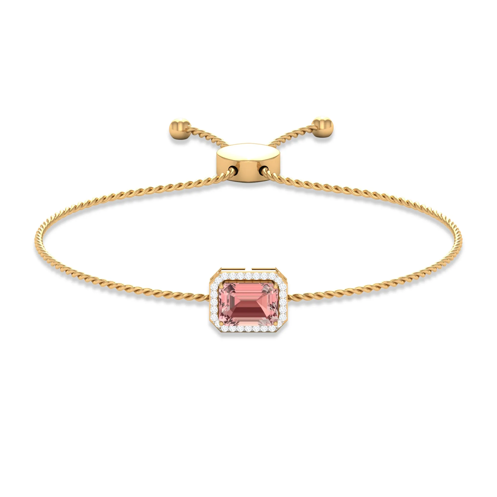 6X8 MM Emerald Cut Morganite Bolo Chain Bracelet with Diamond Accent