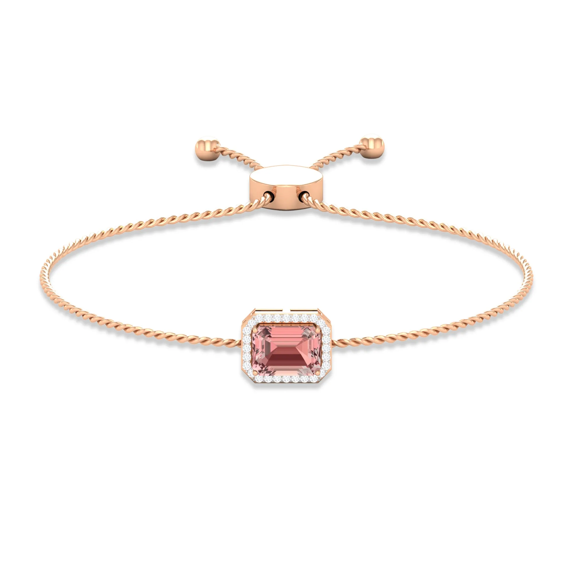6X8 MM Emerald Cut Morganite Bolo Chain Bracelet with Diamond Accent