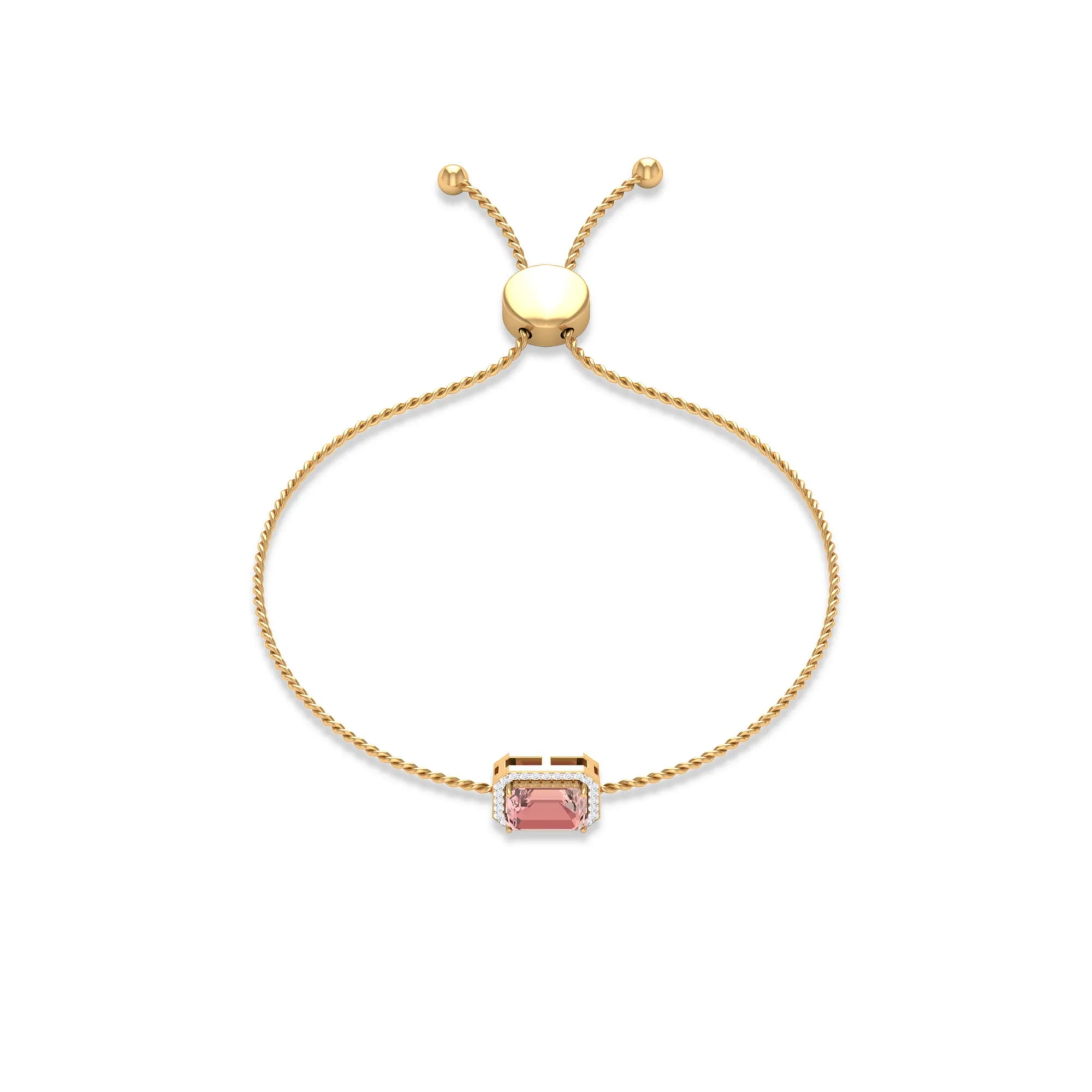 6X8 MM Emerald Cut Morganite Bolo Chain Bracelet with Diamond Accent