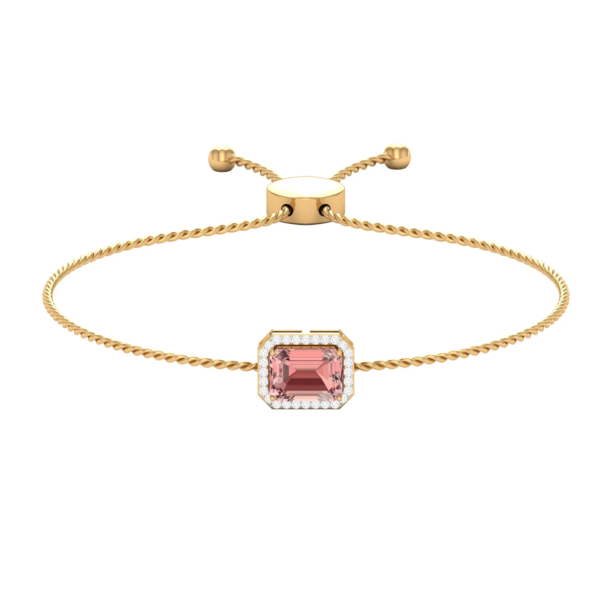 6X8 MM Emerald Cut Morganite Bolo Chain Bracelet with Diamond Accent