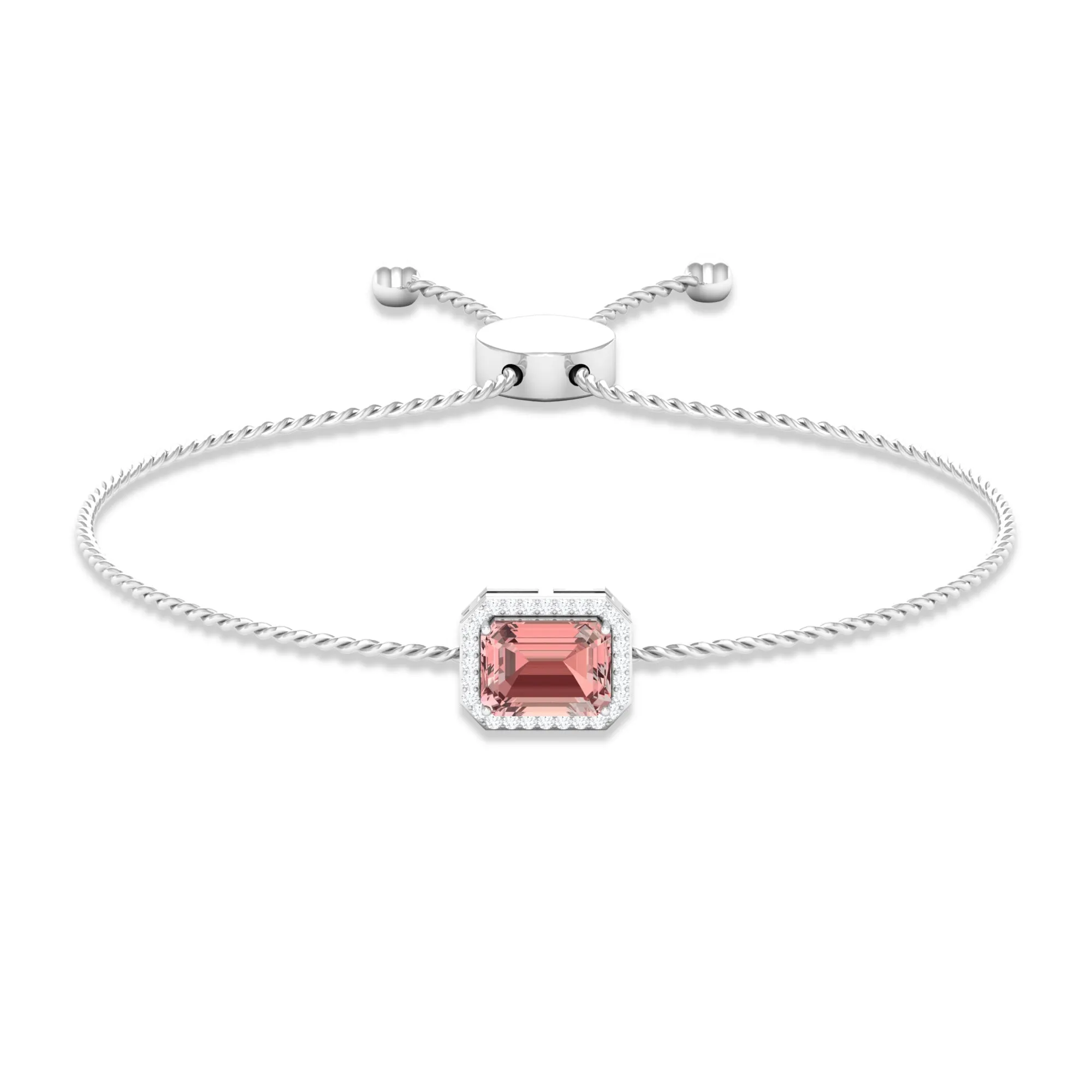 6X8 MM Emerald Cut Morganite Bolo Chain Bracelet with Diamond Accent