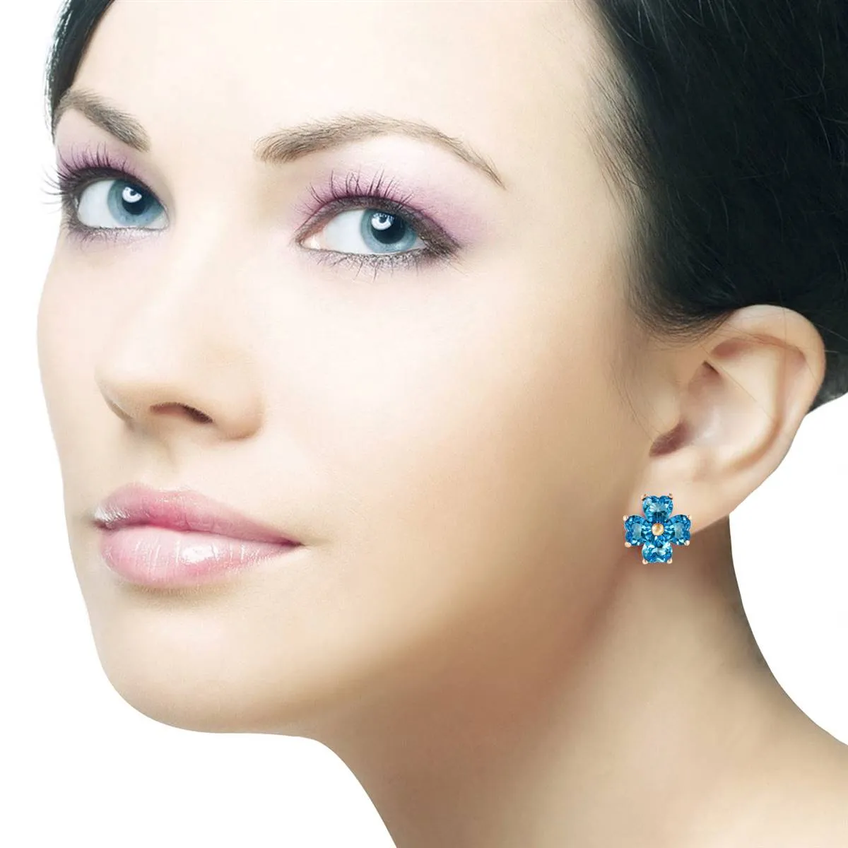 7.6 Carat 14K Solid Yellow Gold Heart Cluster Blue Topaz Earrings