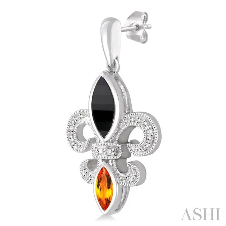 8x4 MM Marquise Cut Onyx, 6x3 MM Marquise Cut Citrine and 1/20 Ctw Round Cut Diamond Fleur de lis Earrings in Sterling Silver