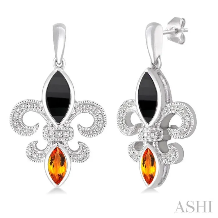 8x4 MM Marquise Cut Onyx, 6x3 MM Marquise Cut Citrine and 1/20 Ctw Round Cut Diamond Fleur de lis Earrings in Sterling Silver
