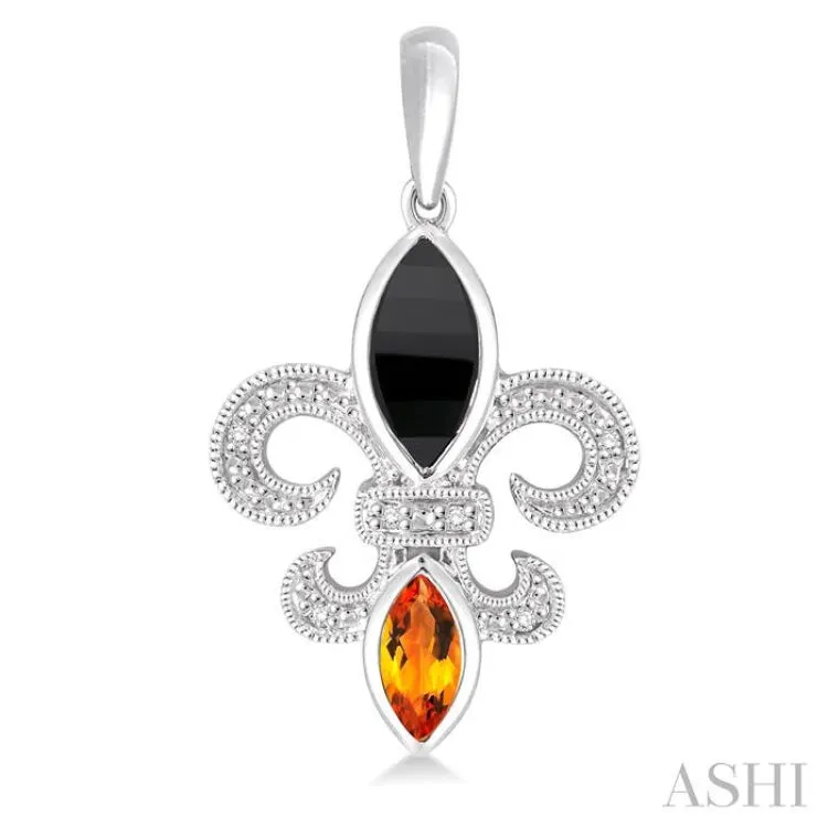 8x4 MM Marquise Cut Onyx, 6x3 MM Marquise Cut Citrine and 1/20 Ctw Round Cut Diamond Fleur de lis Earrings in Sterling Silver