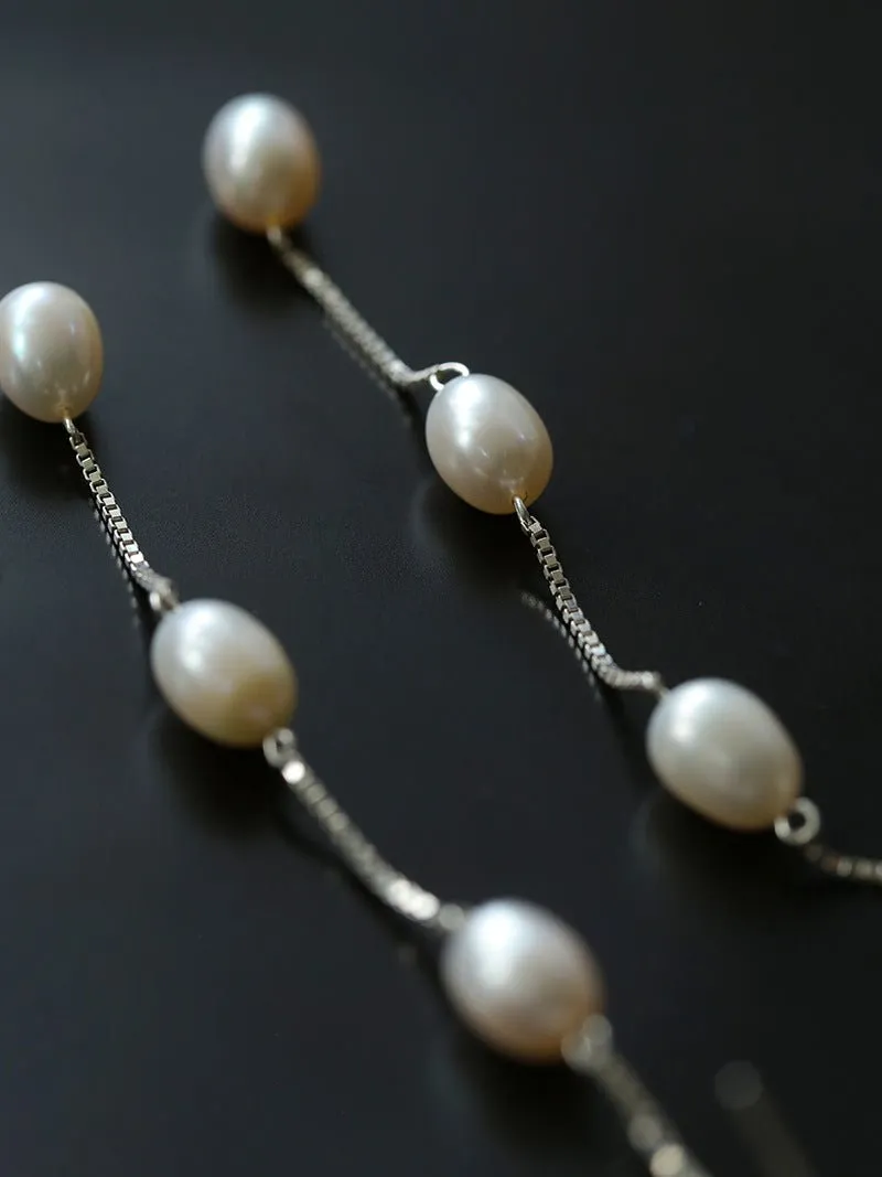 925 Silver Chain Fringed Pearls Dangle Earrings