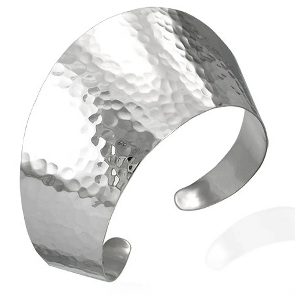 925 Sterling Silver Hammered Finish Classic Womens Open End Cuff Bangle Bracelet