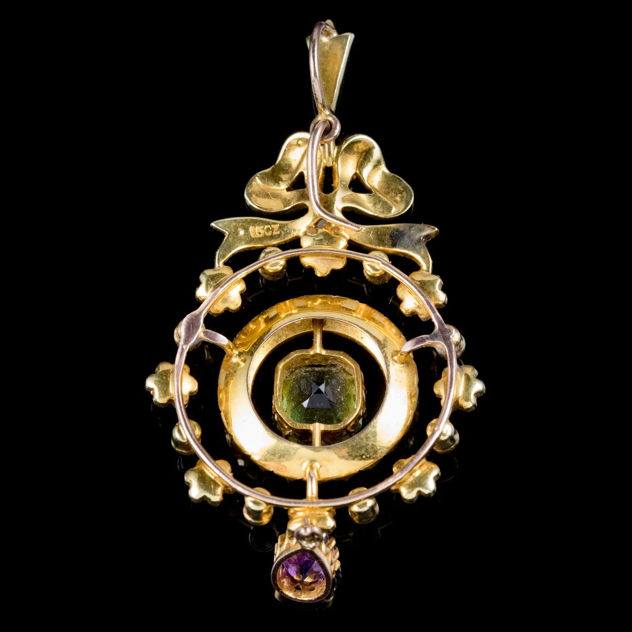 Antique Edwardian Floral Suffragette Pendant 15Ct Gold Circa 1910
