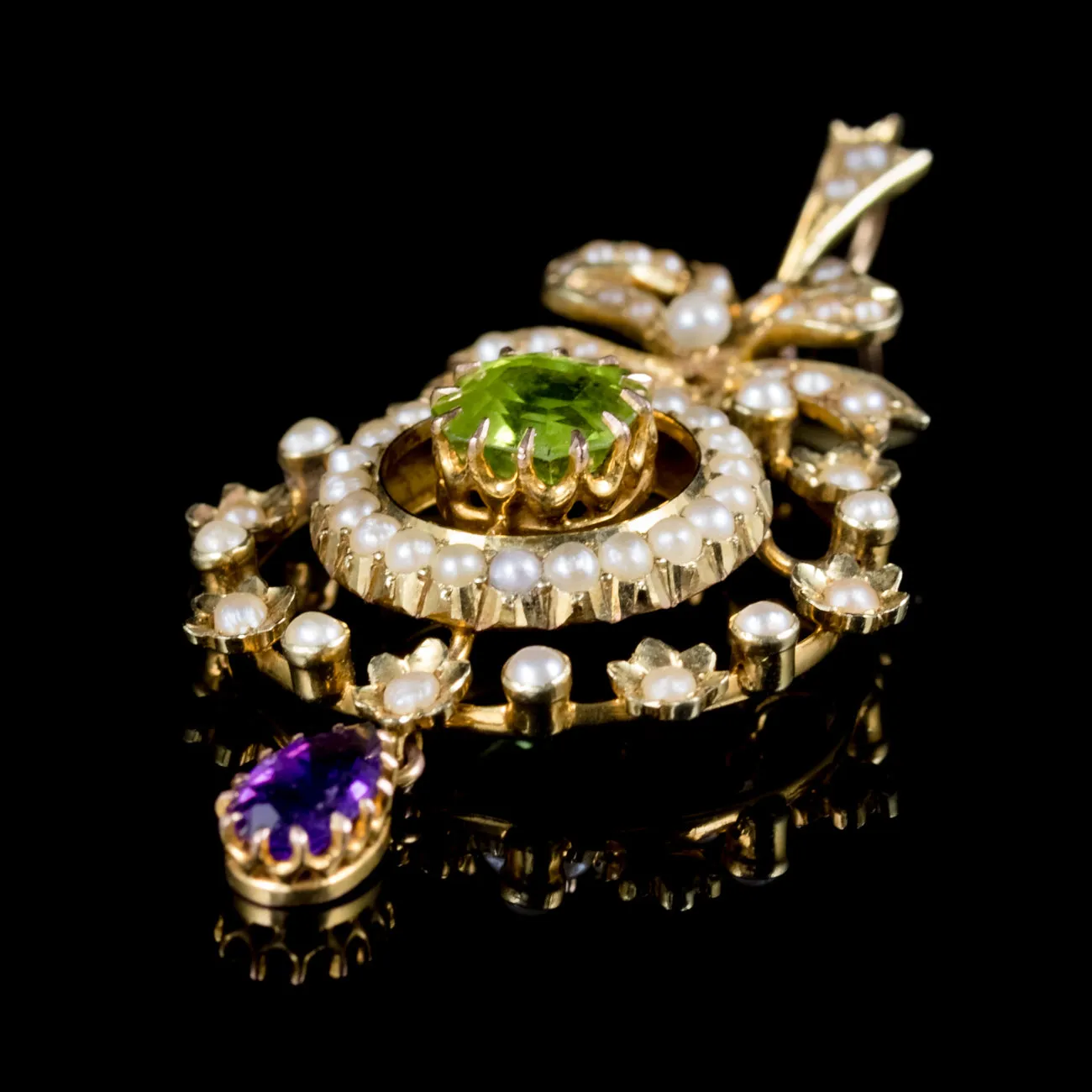 Antique Edwardian Floral Suffragette Pendant 15Ct Gold Circa 1910