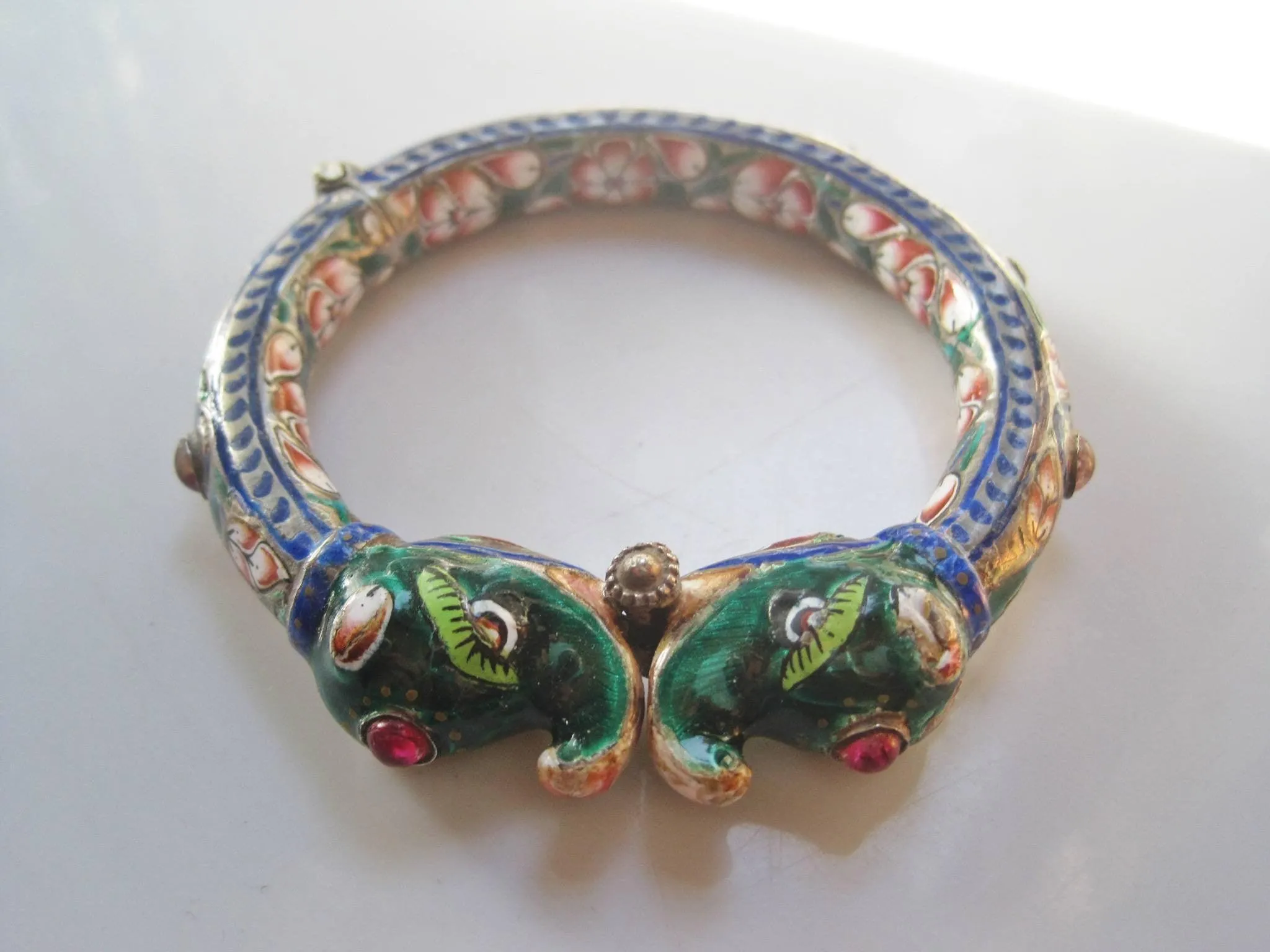 Antique Indian Silver and Enamel Double Elephant Head Bracelet from Benares