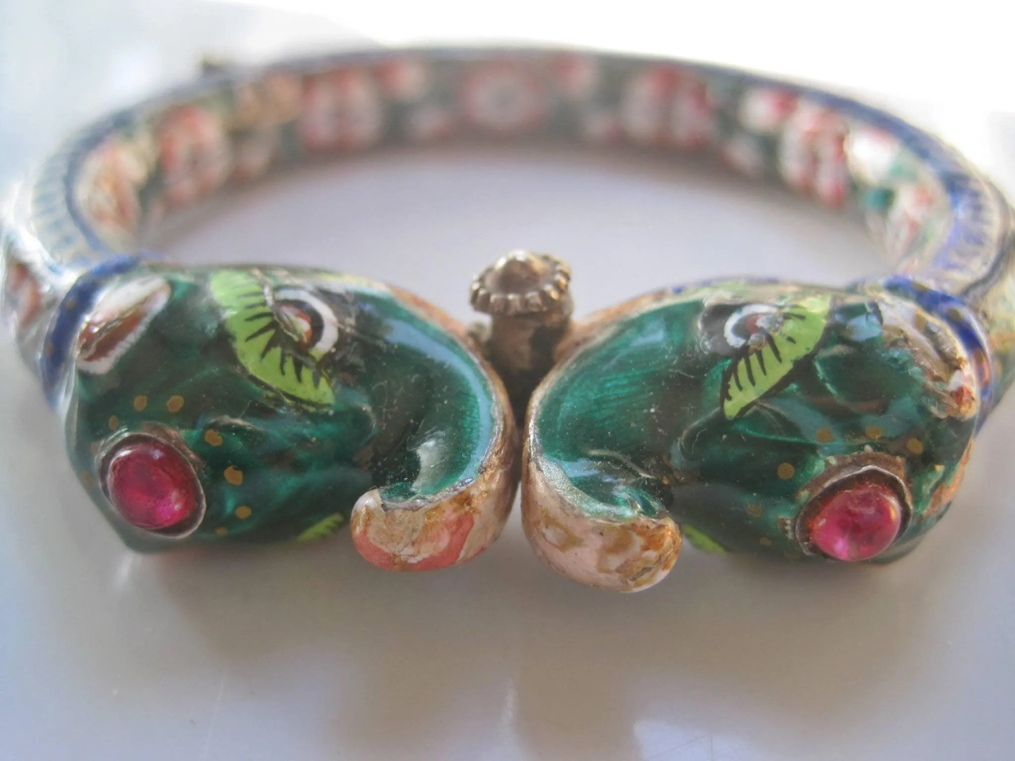 Antique Indian Silver and Enamel Double Elephant Head Bracelet from Benares