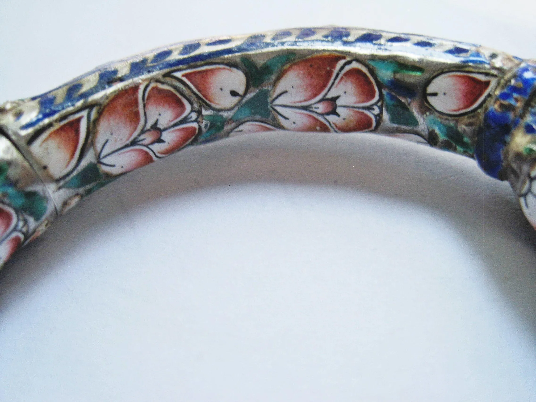 Antique Indian Silver and Enamel Double Elephant Head Bracelet from Benares