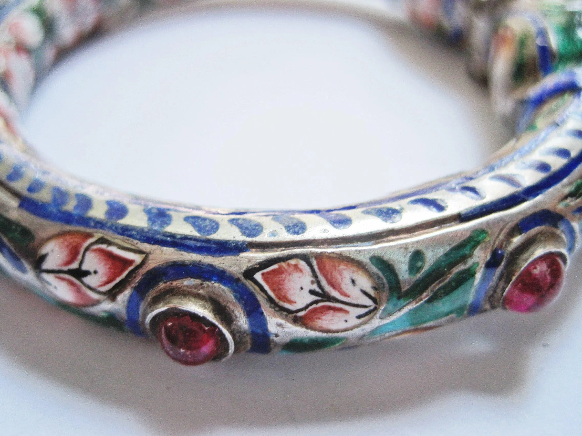 Antique Indian Silver and Enamel Double Elephant Head Bracelet from Benares