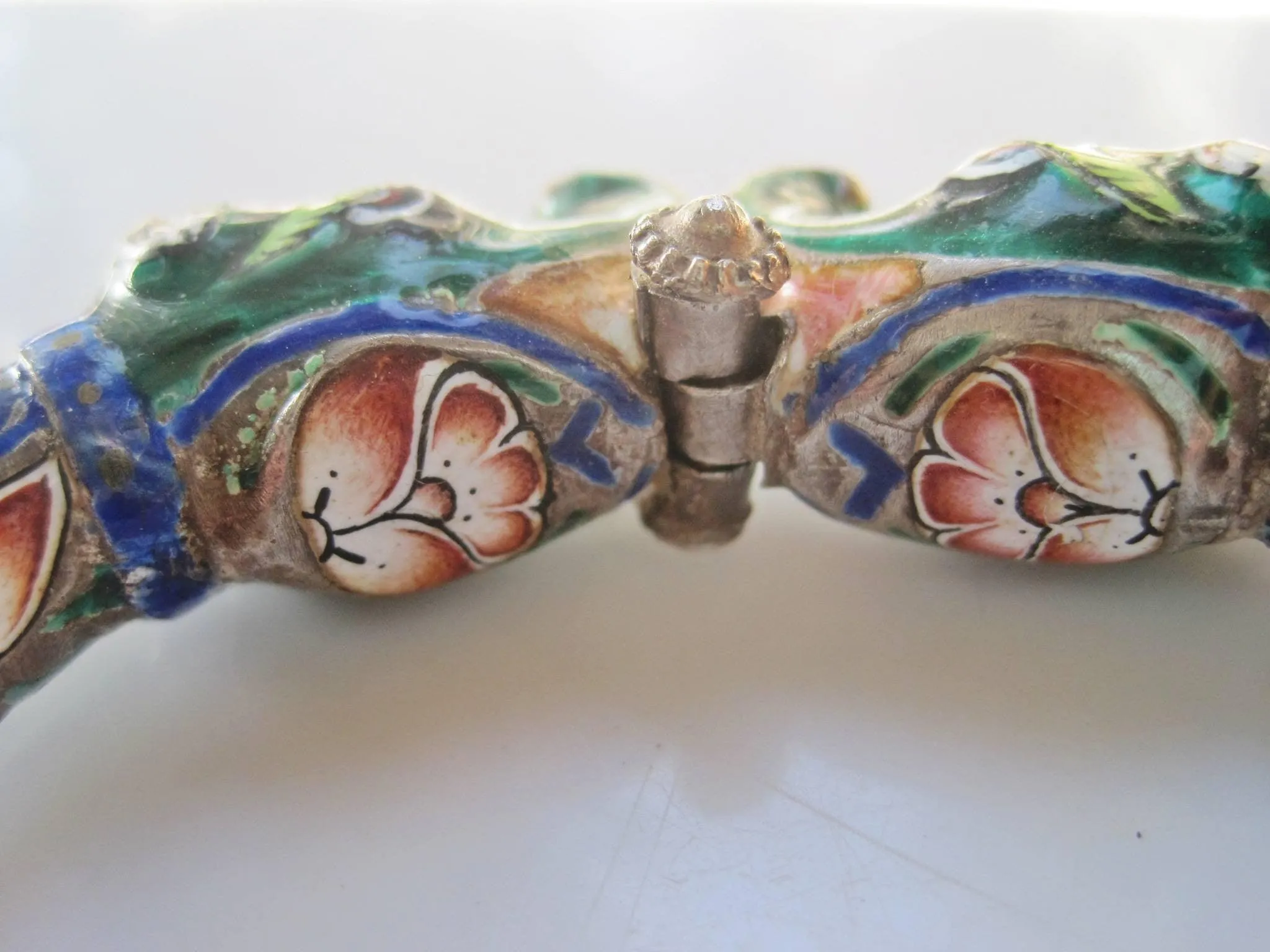Antique Indian Silver and Enamel Double Elephant Head Bracelet from Benares