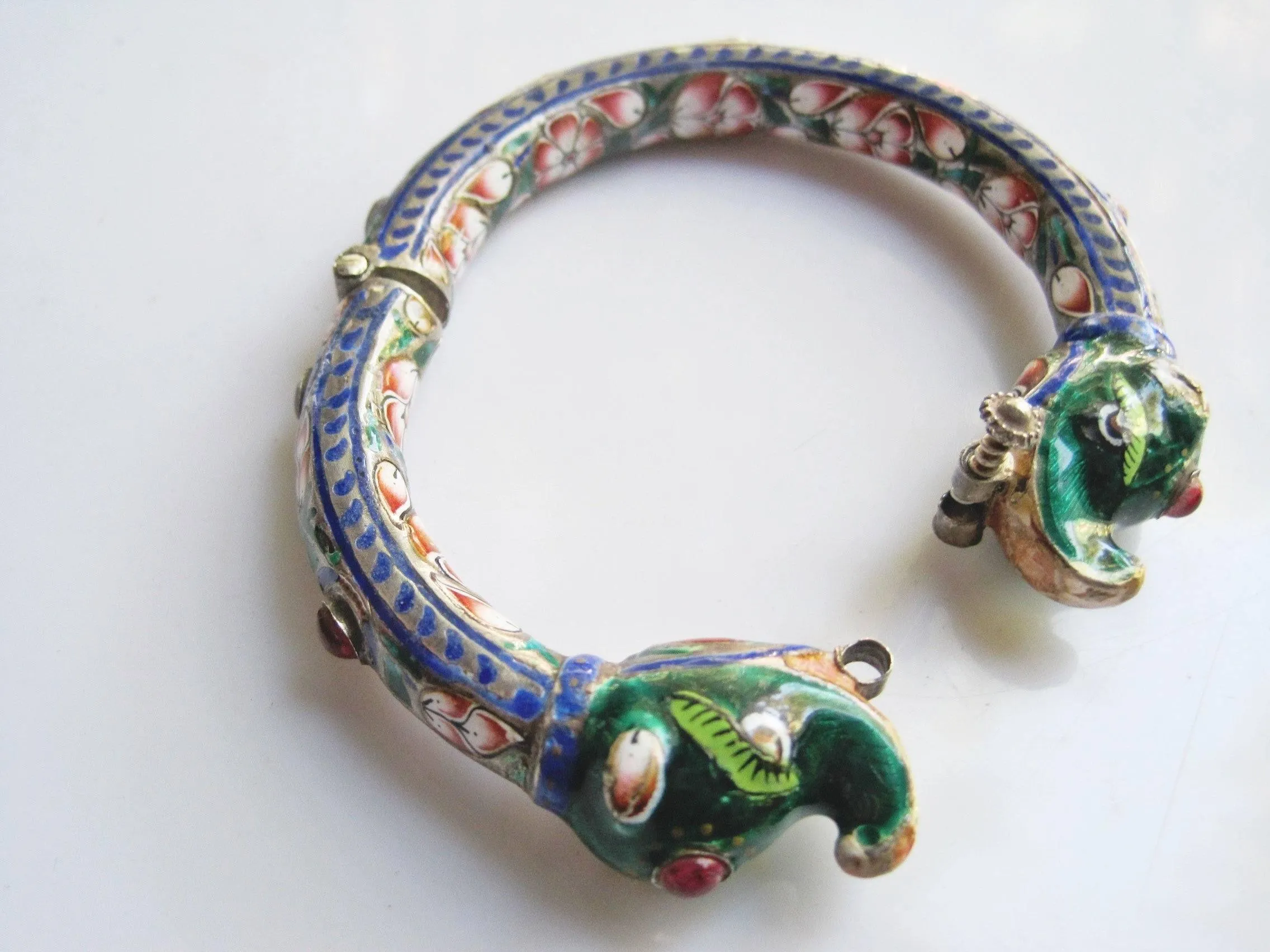 Antique Indian Silver and Enamel Double Elephant Head Bracelet from Benares