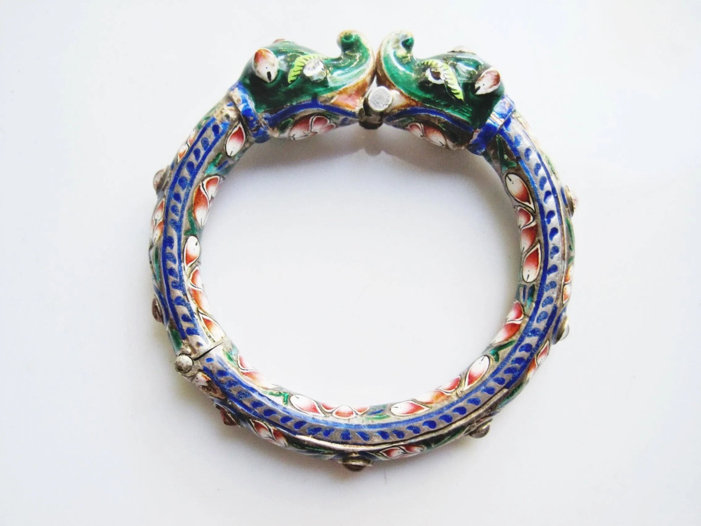 Antique Indian Silver and Enamel Double Elephant Head Bracelet from Benares