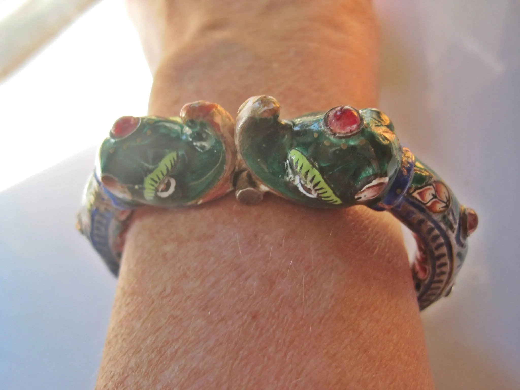 Antique Indian Silver and Enamel Double Elephant Head Bracelet from Benares