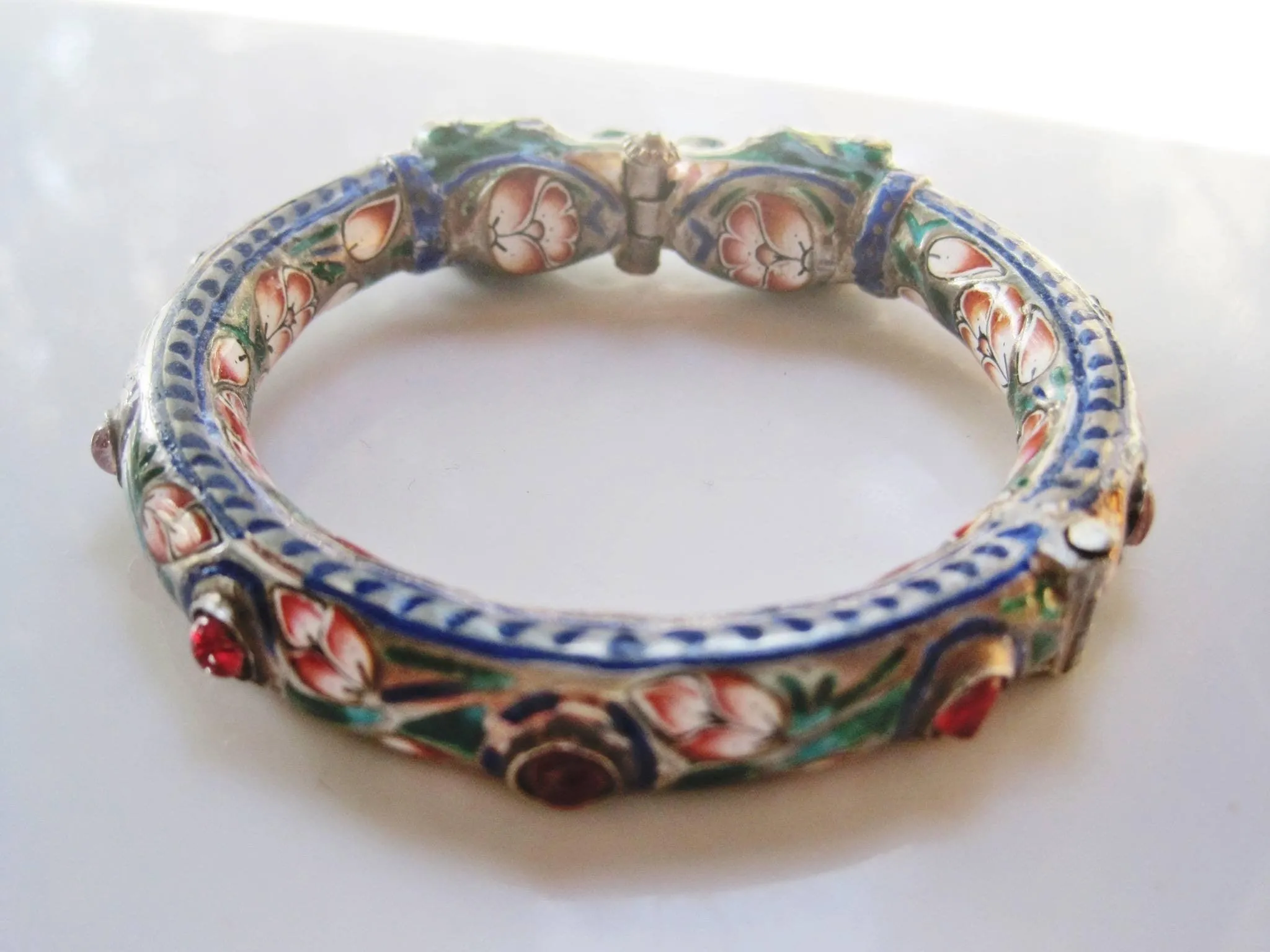Antique Indian Silver and Enamel Double Elephant Head Bracelet from Benares