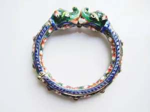 Antique Indian Silver and Enamel Double Elephant Head Bracelet from Benares