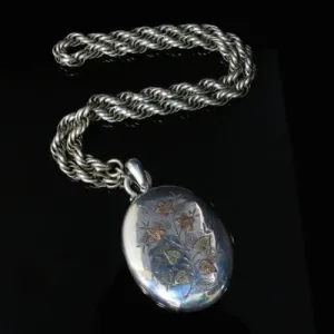 Antique Victorian Silver Gold Large Locket & Rope Twist Chain – Forget Me Not.