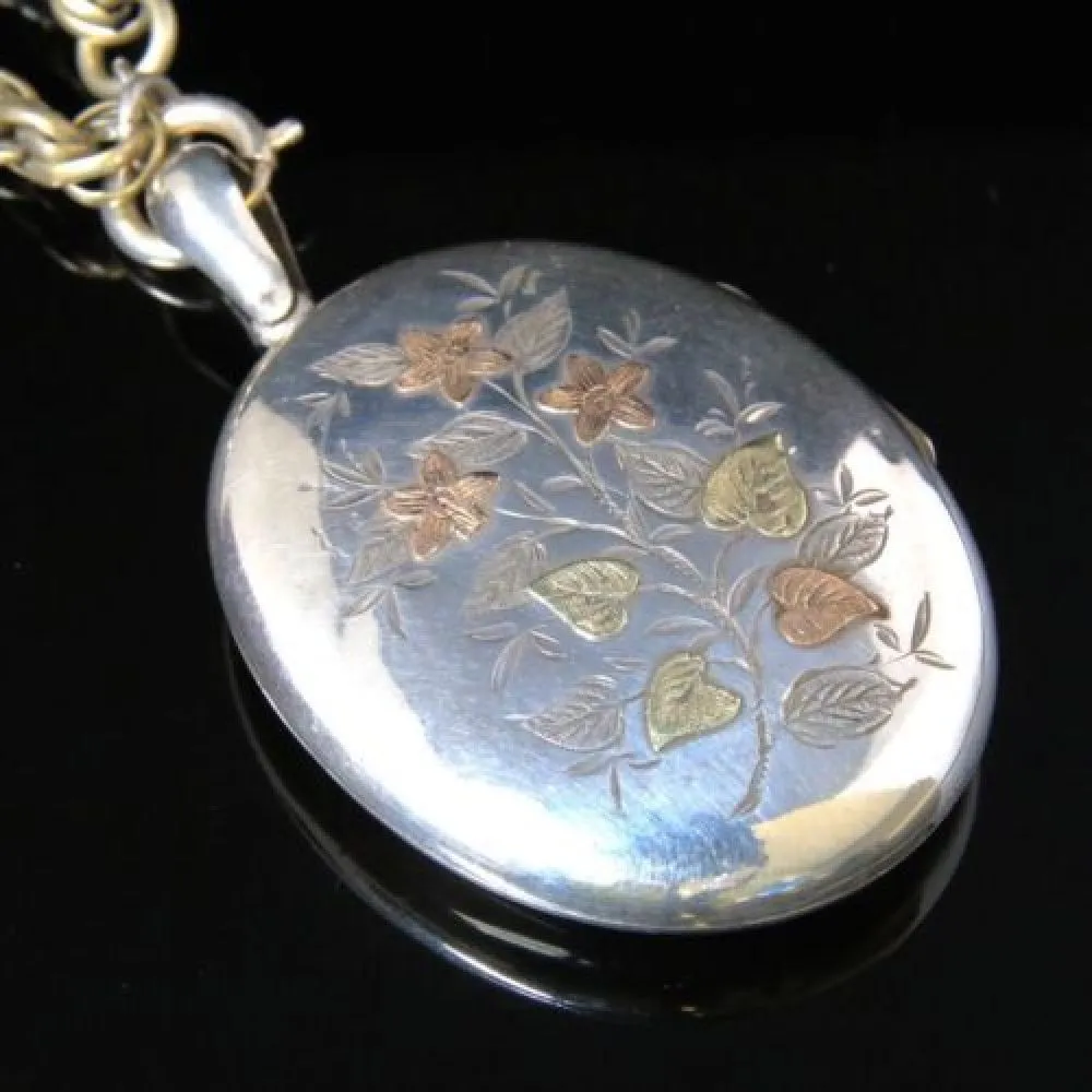 Antique Victorian Silver Gold Large Locket & Rope Twist Chain – Forget Me Not.