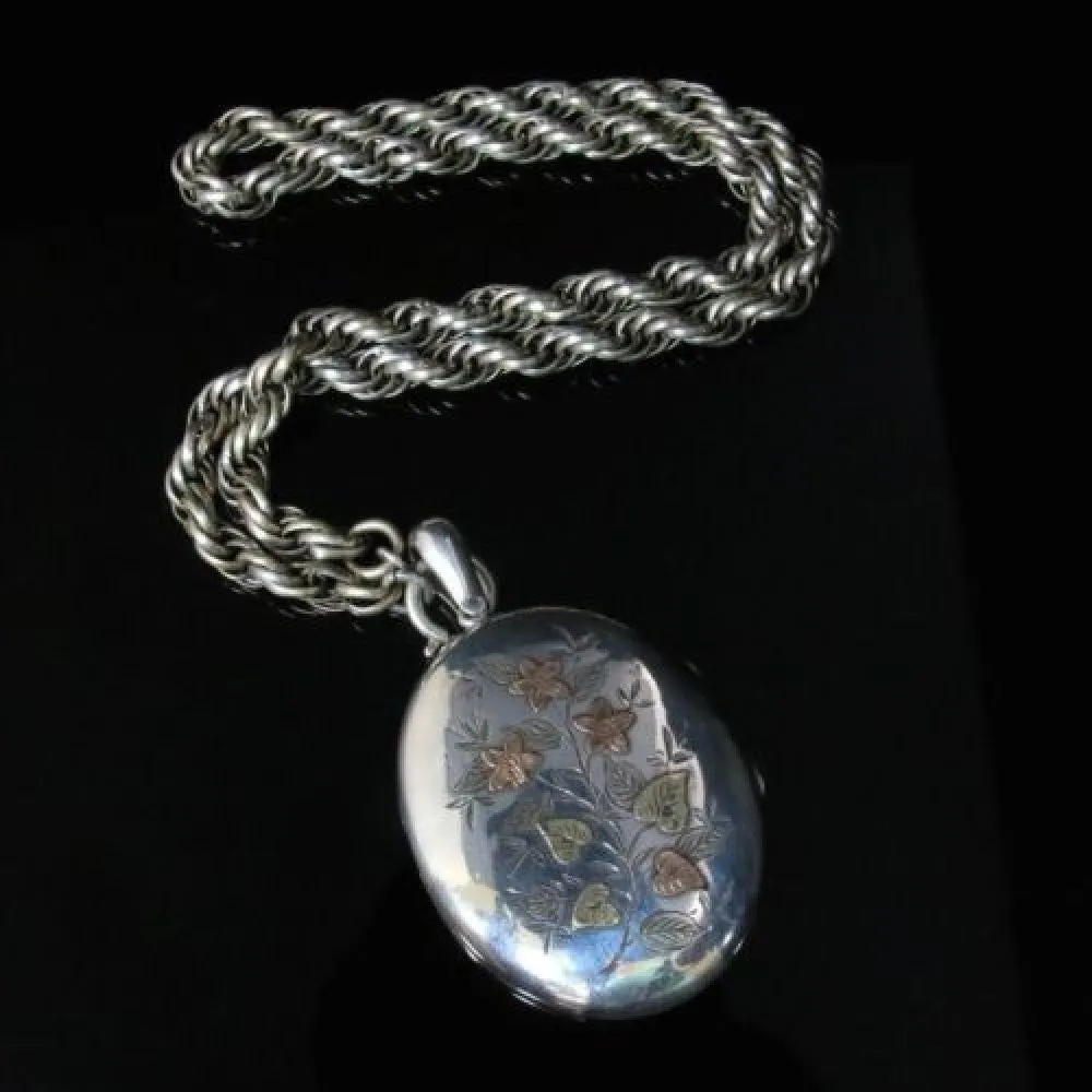 Antique Victorian Silver Gold Large Locket & Rope Twist Chain – Forget Me Not.