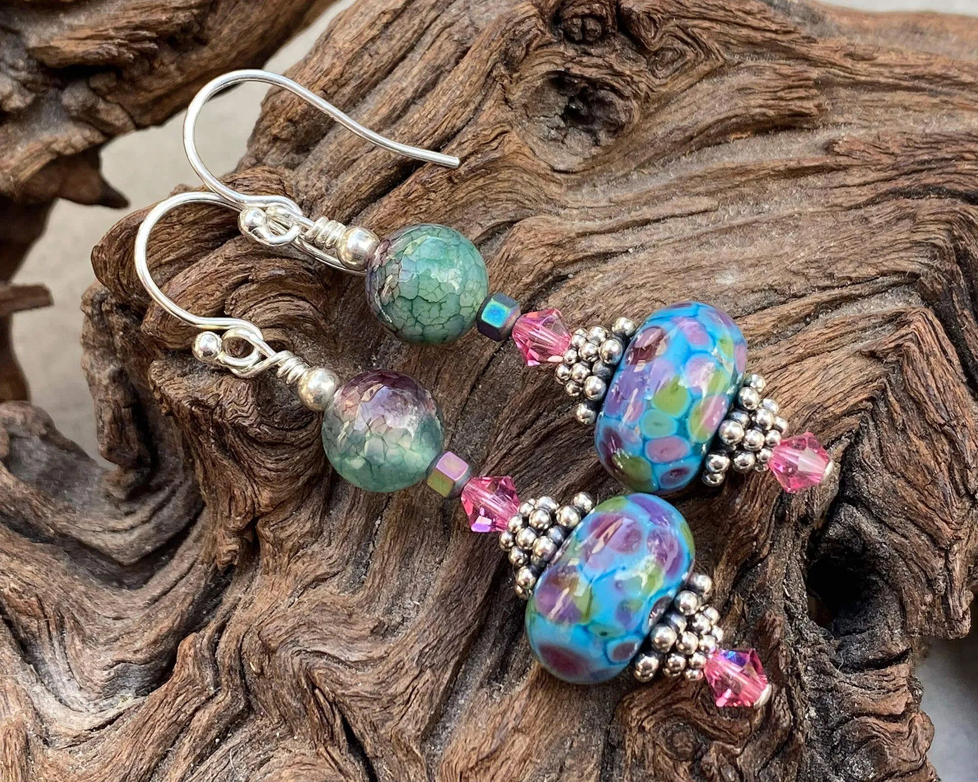 Aqua Green Mosaic Lampwork Earrings