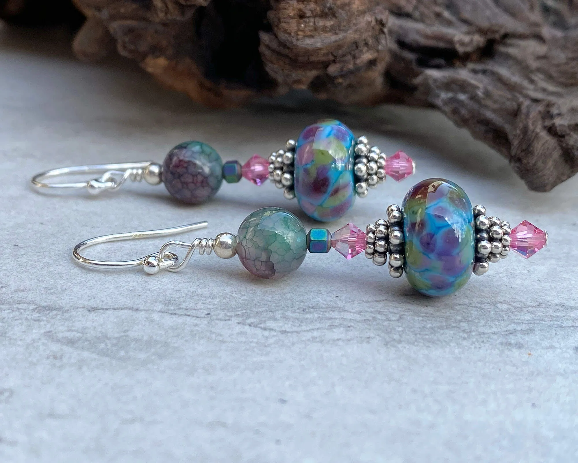 Aqua Green Mosaic Lampwork Earrings