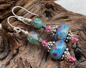 Aqua Green Mosaic Lampwork Earrings