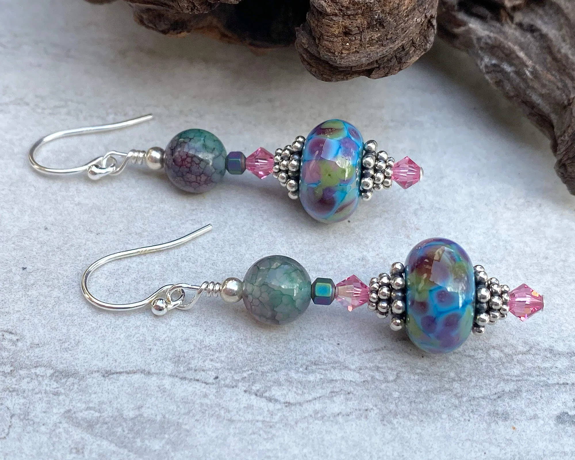 Aqua Green Mosaic Lampwork Earrings