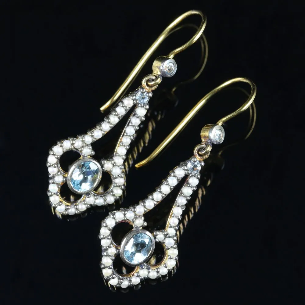 Aquamarine Diamond Pearl Earrings 9Ct Gold