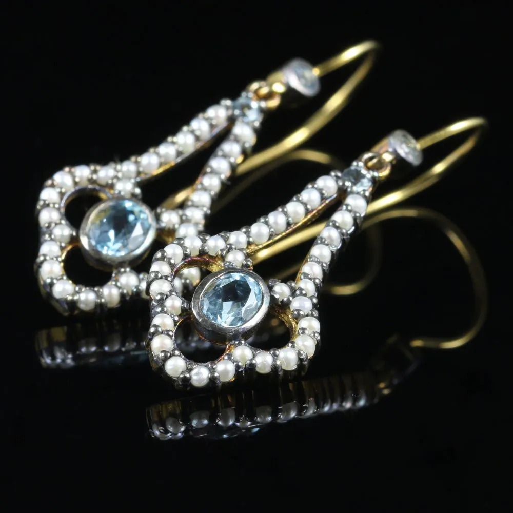 Aquamarine Diamond Pearl Earrings 9Ct Gold