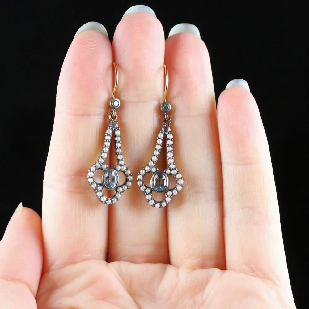 Aquamarine Diamond Pearl Earrings 9Ct Gold