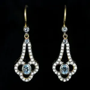 Aquamarine Diamond Pearl Earrings 9Ct Gold