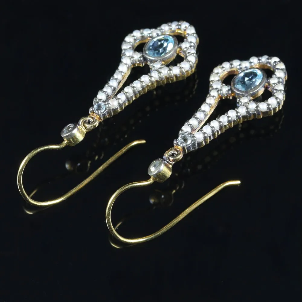 Aquamarine Diamond Pearl Earrings 9Ct Gold