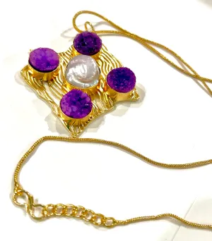 Baroque Pearl &  Purple Druzy Gemstone Gold Pendant Necklace 20"