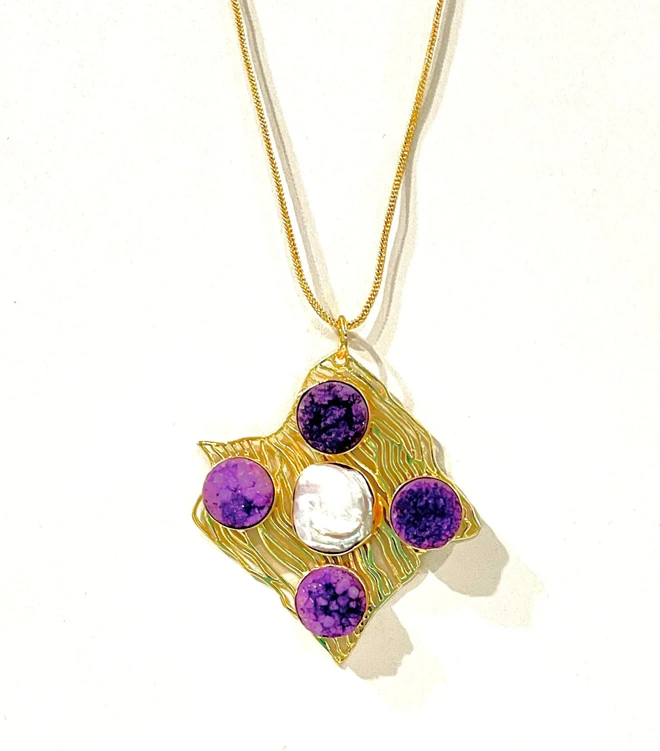 Baroque Pearl &  Purple Druzy Gemstone Gold Pendant Necklace 20"