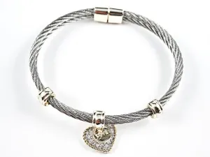 Beautiful Textured Cable Wire Style Magnetic Clasp Two Tone Dangle Heart CZ Steel Bangle