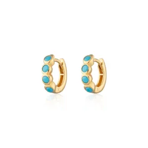 Bezel Huggie Hoop Earrings - Turquoise Stones - Gold - SPG-377