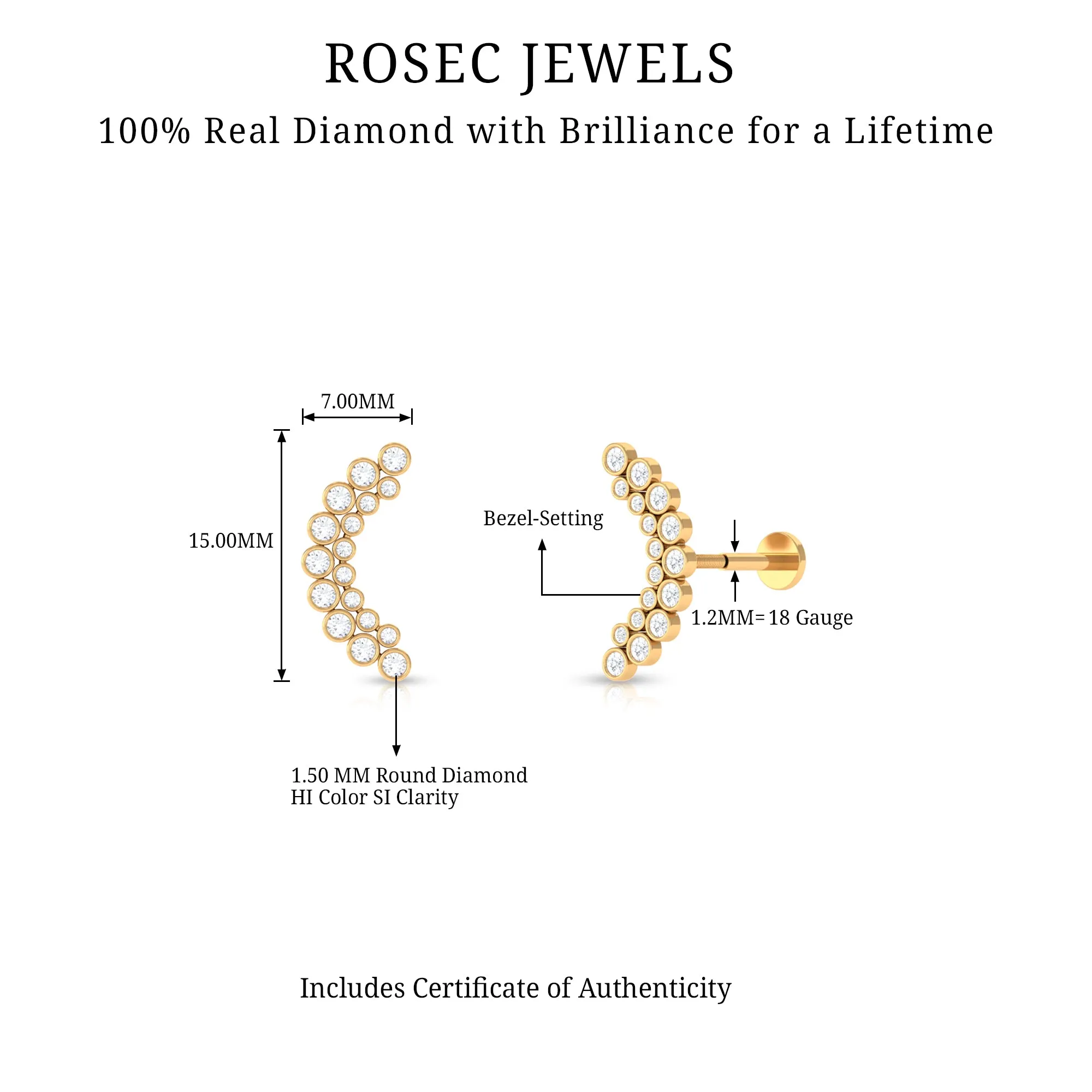 Bezel Set Diamond Ear Crawler Earring with Flat Back