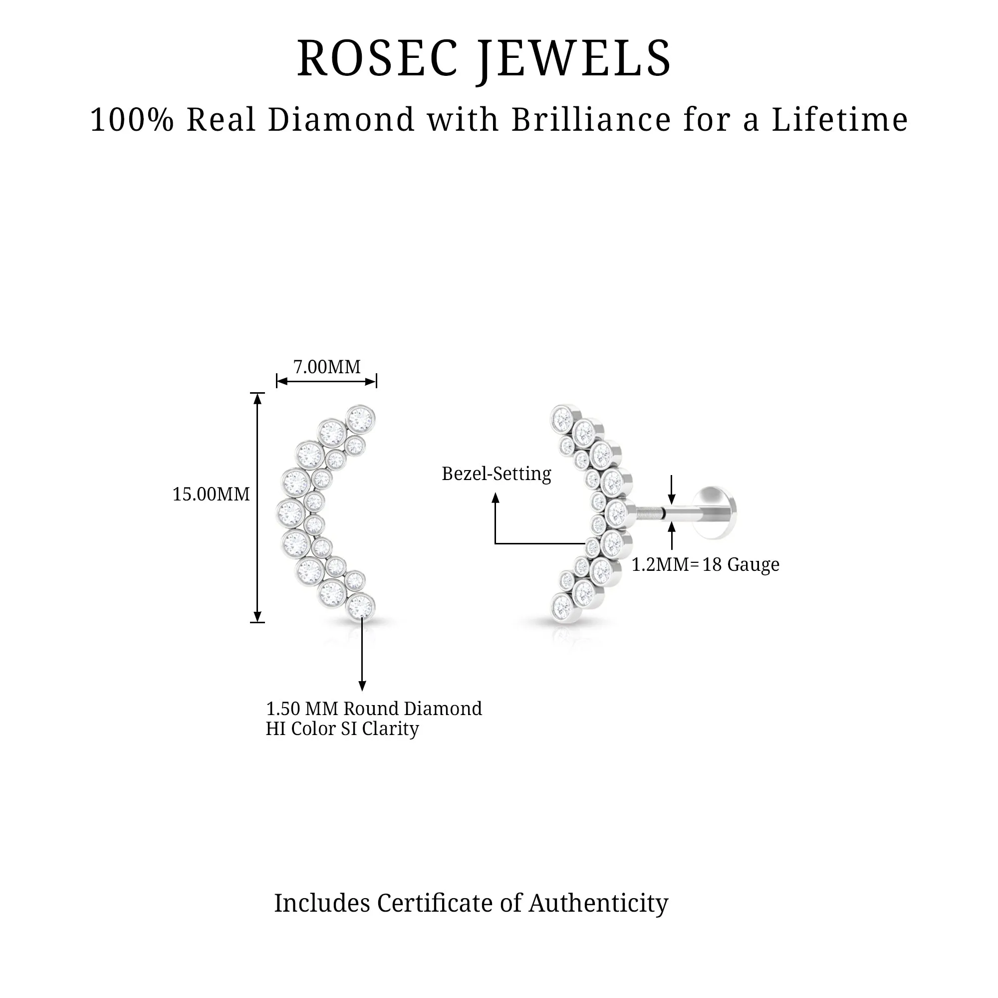 Bezel Set Diamond Ear Crawler Earring with Flat Back