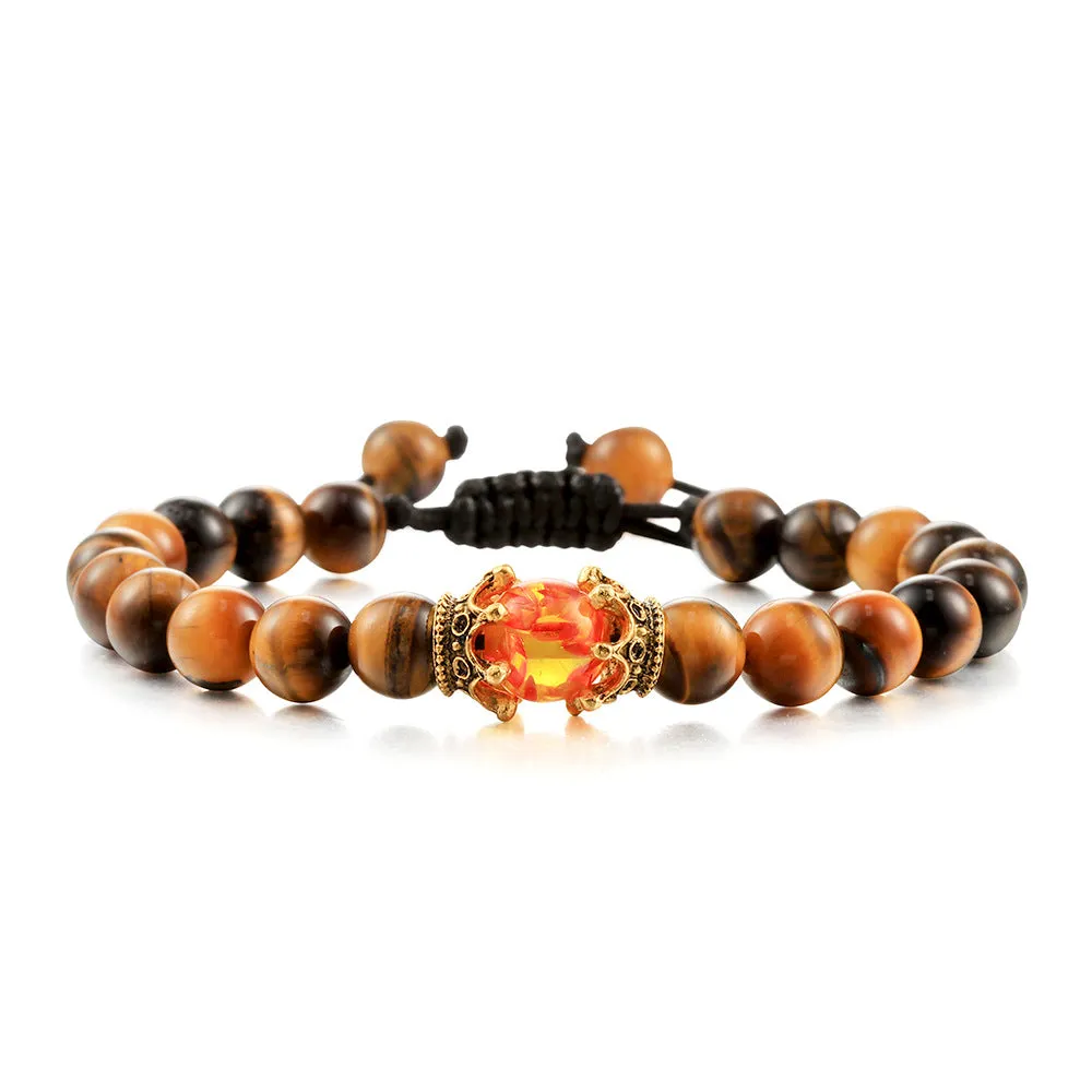 Black Lava Stone Bracelet with Crown Charm & Tiger Eye Beads