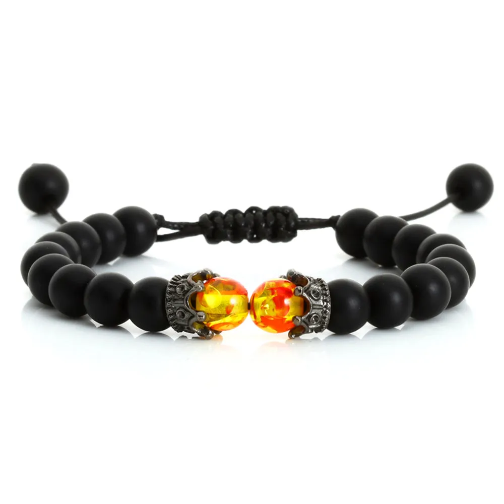 Black Lava Stone Bracelet with Crown Charm & Tiger Eye Beads